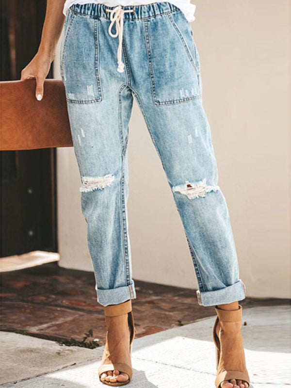 Temperament European and American denim straight-leg pants elastic plus size women's jeans