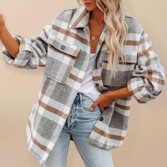 Autumn and winter women's autumn and winter long-sleeved lapel loose plaid woolen coat