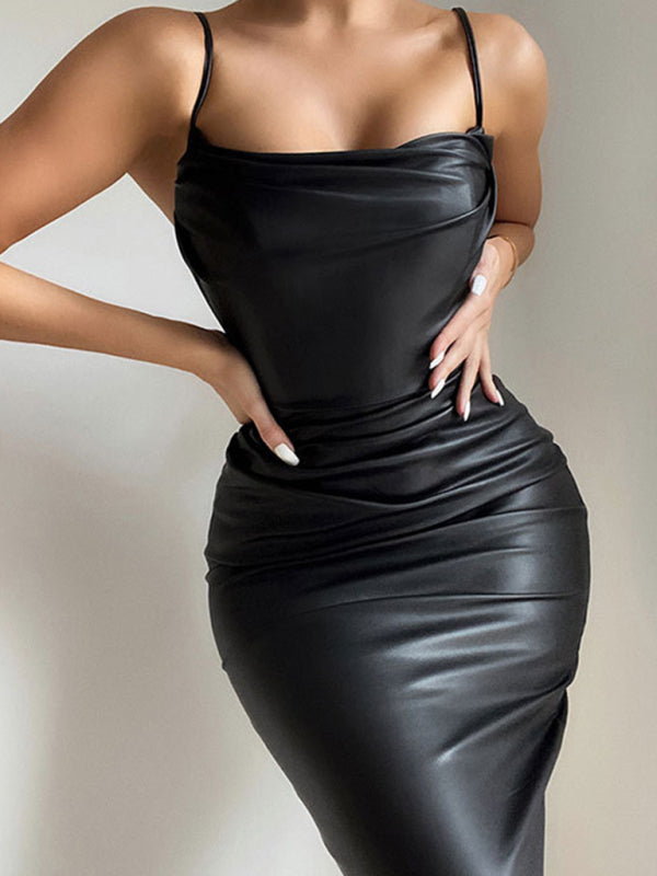 Women’s Sexy Minimalist Faux Leather Bodycon Dress With Straight Pleated Neckline