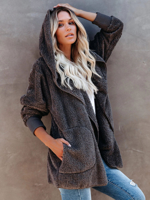 Women's Long Sleeve Jacket Casual Hooded Solid Color Cardigan Plush Women