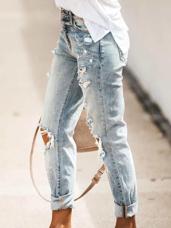 Women’s Five-pocket Style Ripped Straight Leg Cuffed Denim Jeans