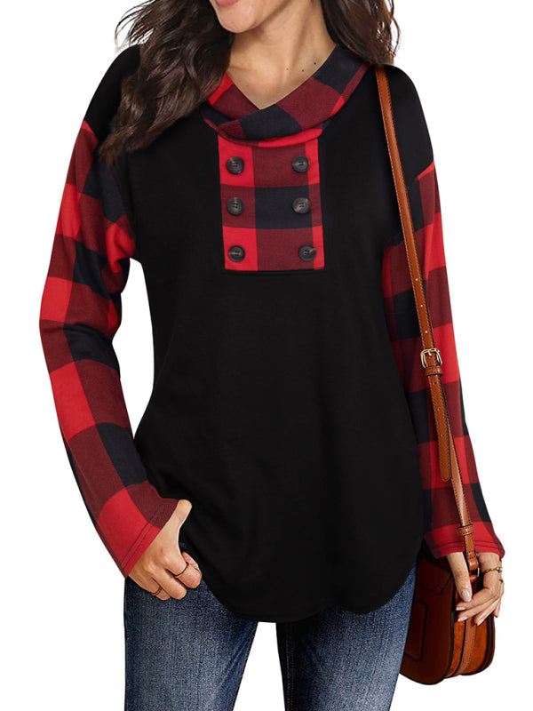 Women’s Combo Color Plaid Hoodie With Decorative Buttons At Front