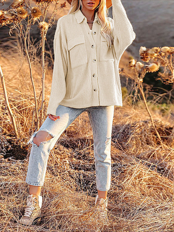Women’s Solid Color Button-down Collar Oversized Corduroy Shirt