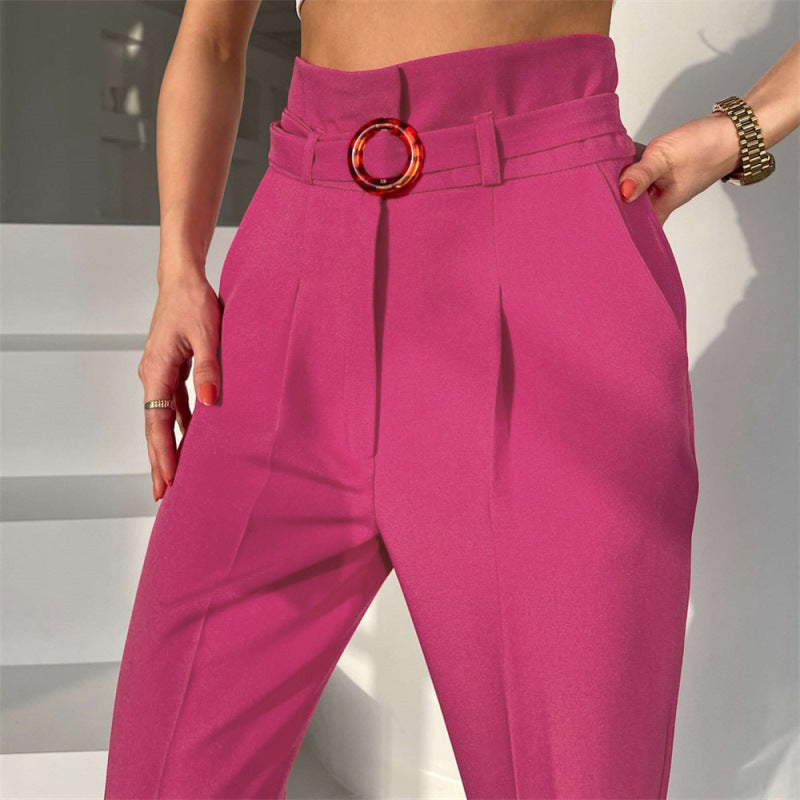Women’s Dramatic Front Pleated Solid Color High Cut Trousers With Stylish Belt