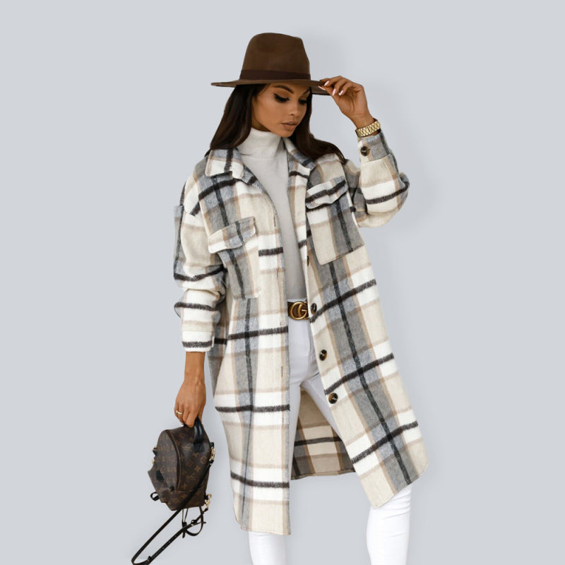 Spring and autumn new women's long-sleeved plaid print mid-length shirt coat