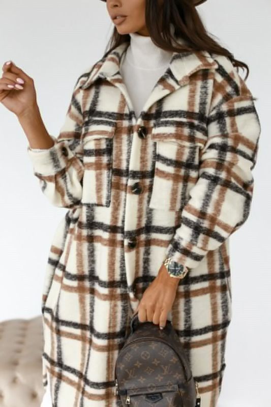 Spring and autumn new women's long-sleeved plaid print mid-length shirt coat