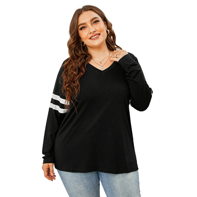 Women’s Plus Size Stripe Detailing At Sleeves V Neck Long Sleeves Top