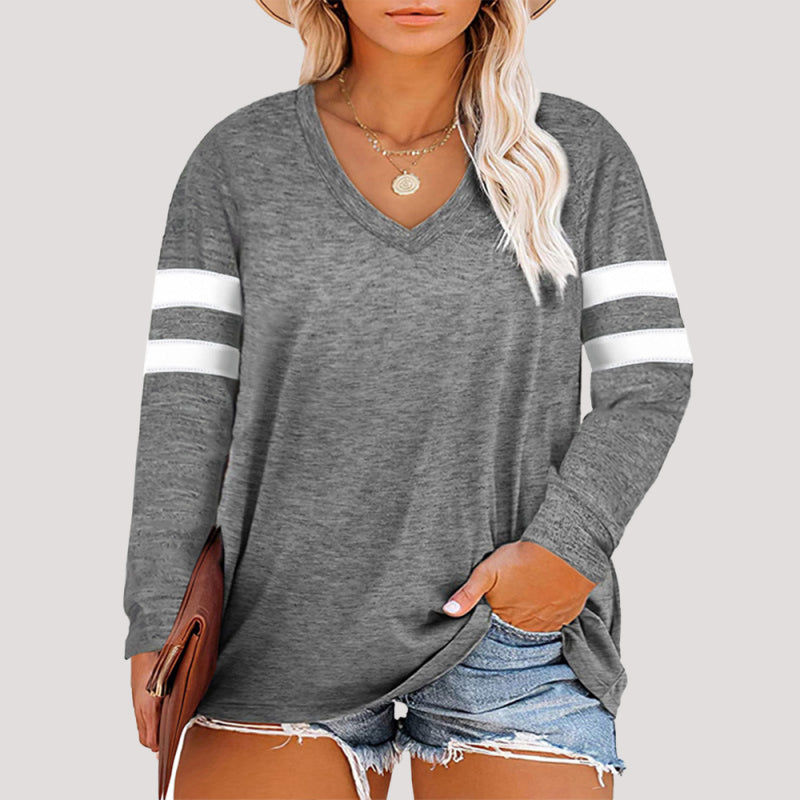 Women’s Plus Size Stripe Detailing At Sleeves V Neck Long Sleeves Top