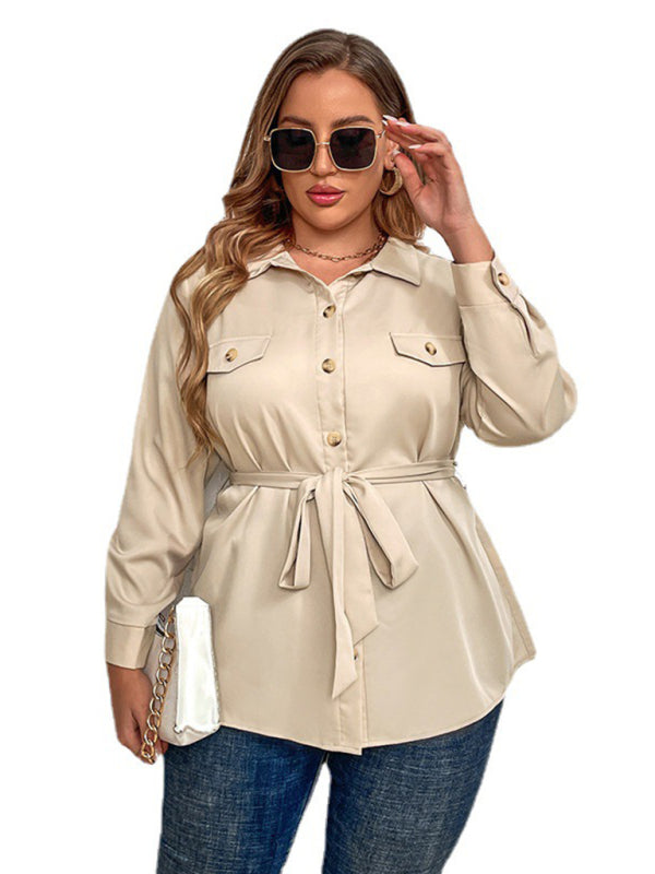 Women’s Plus Size Solid Color Point Collar Long Sleeve Front Button Closures Shirt