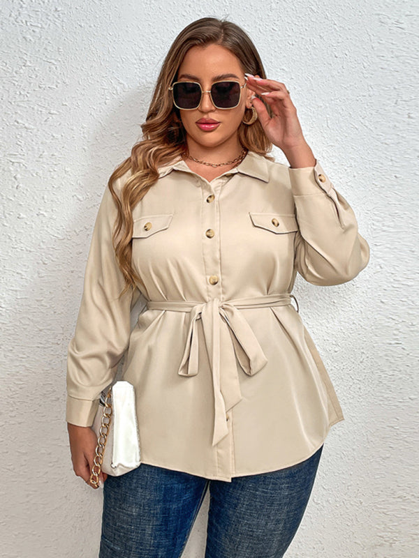 Women’s Plus Size Solid Color Point Collar Long Sleeve Front Button Closures Shirt
