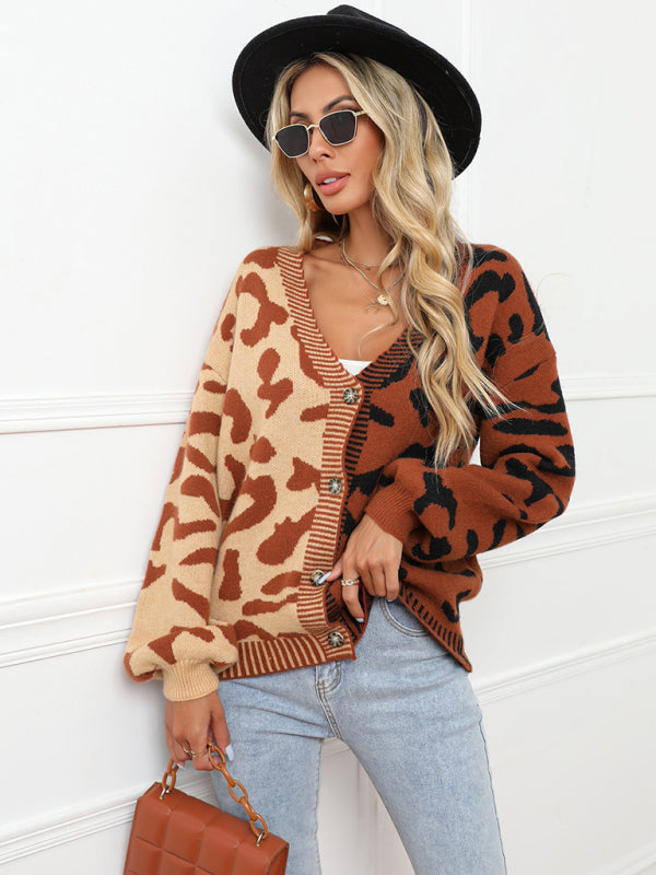 Single Breasted Street Panel Leopard Print Oversized Knit Cardigan Sweater