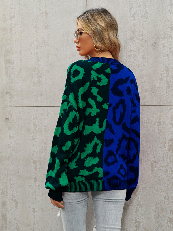 Single Breasted Street Panel Leopard Print Oversized Knit Cardigan Sweater