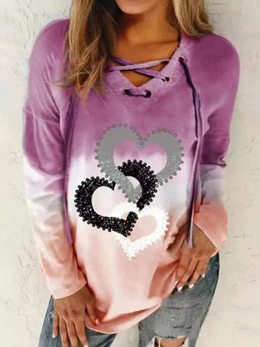 V-neck tie drawstring love print pullover gradient long-sleeved loose sweater