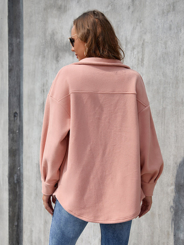 Women’s Solid Color Fleece Spread Collar Long Sleeve Shirt Jacket