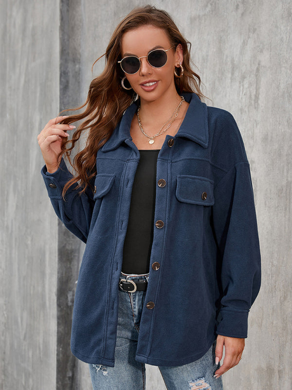 Women’s Solid Color Fleece Spread Collar Long Sleeve Shirt Jacket