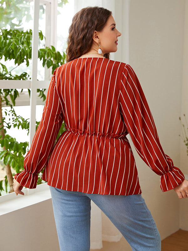 Women’s Stripe Faux Wrap Ruffle Long Sleeve Top