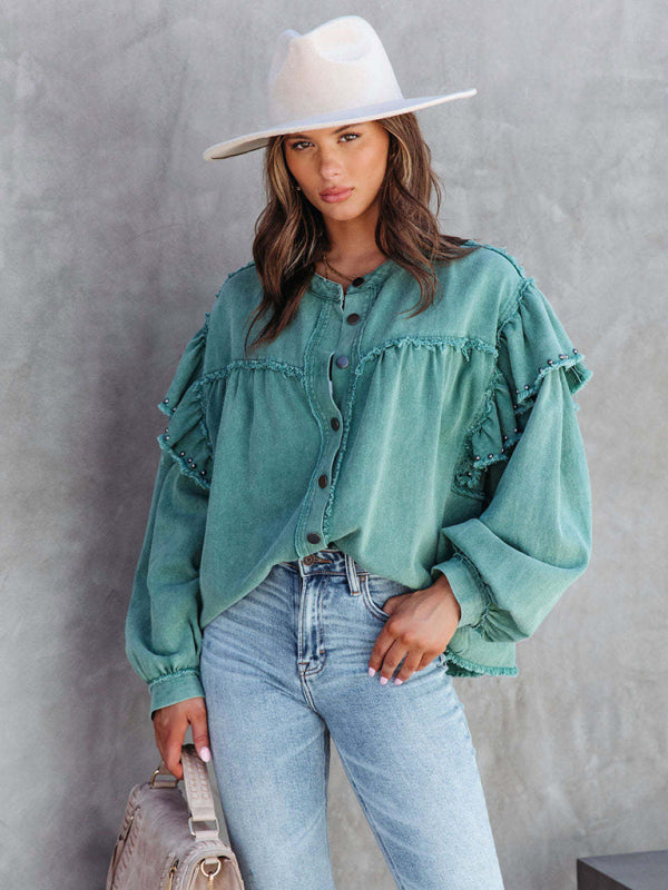 Women’s Solid Color Ruffled Sleeve Button Down Top