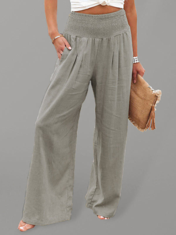 Women's casual wide-leg slub cotton loose trousers