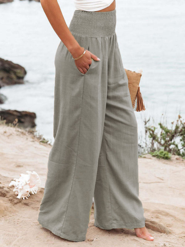 Women's casual wide-leg slub cotton loose trousers