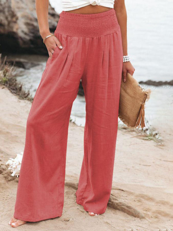 Women's Solid Color Smocked Waist Side-seam Pockets Wide Leg Pants