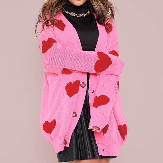 Love flower mid-length V-neck jacket loose casual knitted cardigan
