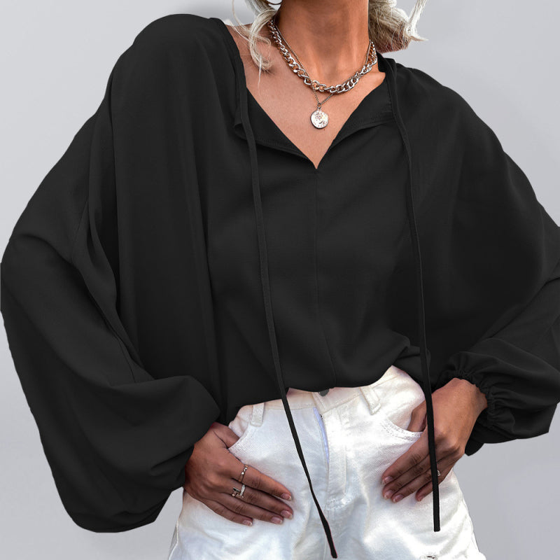 Women's Solid Color Tie Neck Balloon Sleeve Blouse