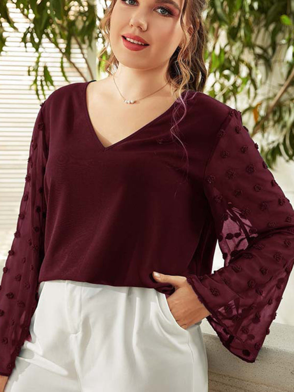 Women's Plus Size Solid Color Lace Polka Pot Sleeve V Neck Blouse