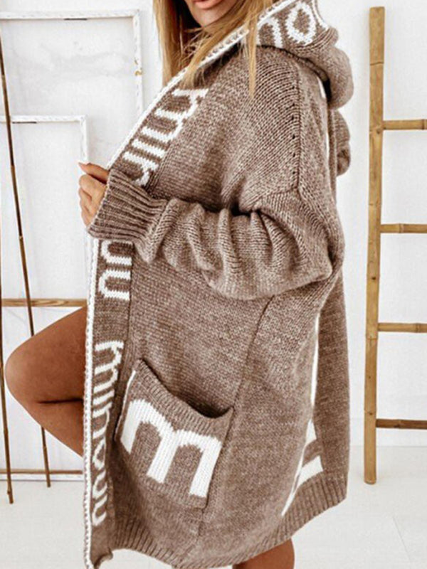 Autumn and winter mid-length cardigan Amazon letter hooded knitted women's clothing
