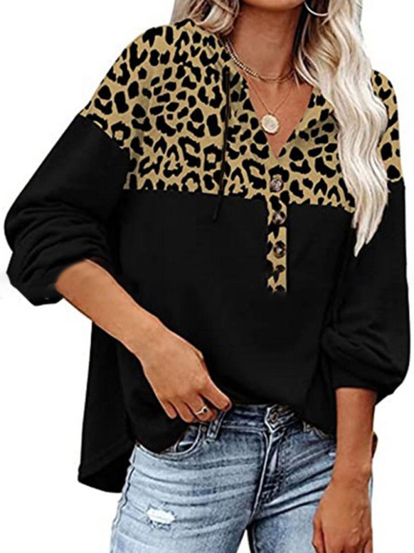 Women's Leopard Print Teddy Half Button Fleece Hoodie