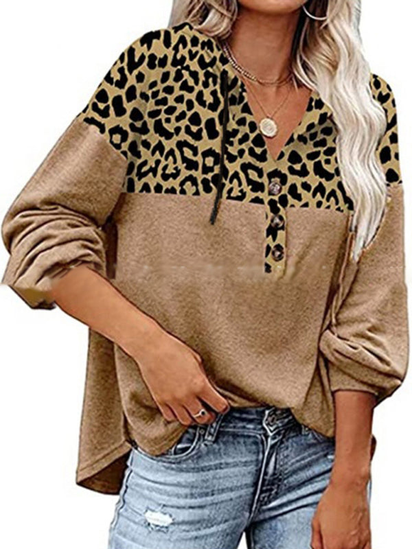 Women's Leopard Print Teddy Half Button Fleece Hoodie