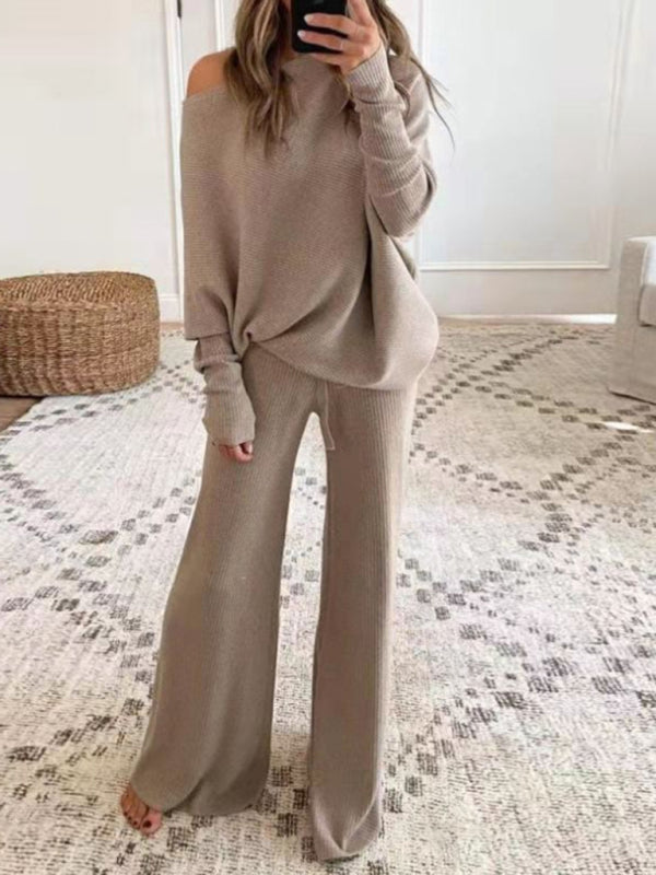Women's Solid Color Off The Shoulder Ribbed Wide Legs Pants Sweater Set