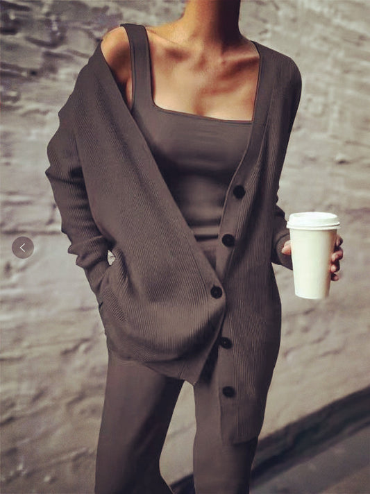 Women's solid color casual knitted three-piece suit