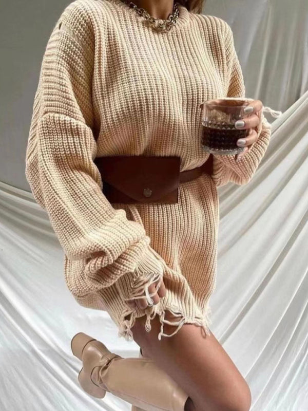 Women's Solid Color Rip Distressed Hem Rib Knit Sweater Mini Dress
