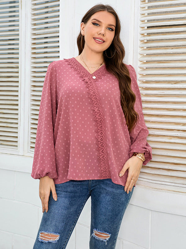 Women's Solid Color Plus Size Swiss Lace Trim Swiss Dots Puff Sleeve Blouse