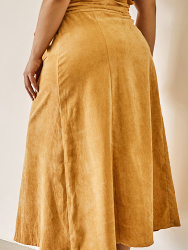 Women's Solid Color Plus Size High Waist Corduroy Belted Midi Skirt