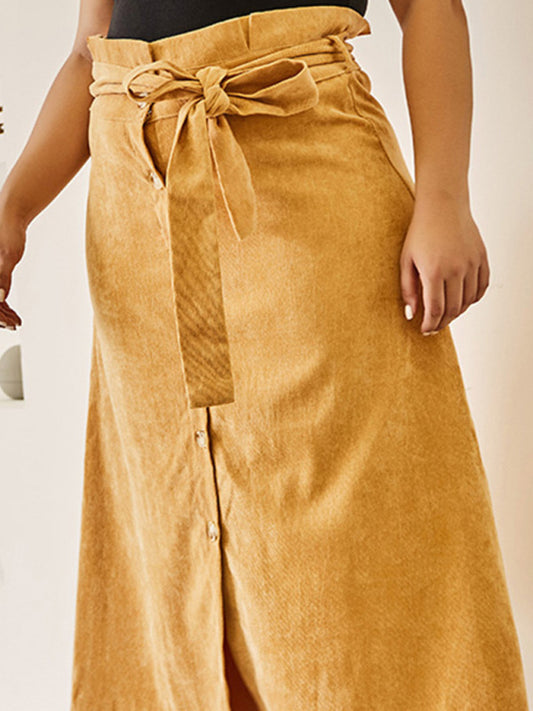 Women's Solid Color Plus Size High Waist Corduroy Belted Midi Skirt
