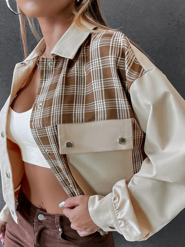Women's Bi Patterns With Plaid Print Cropped Jacket