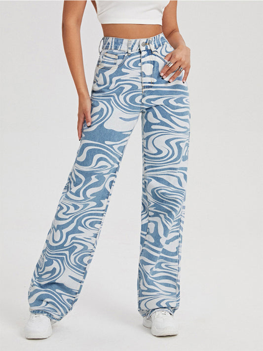 Women's Swirl Abstract Mid Rise Wide Leg Jeans