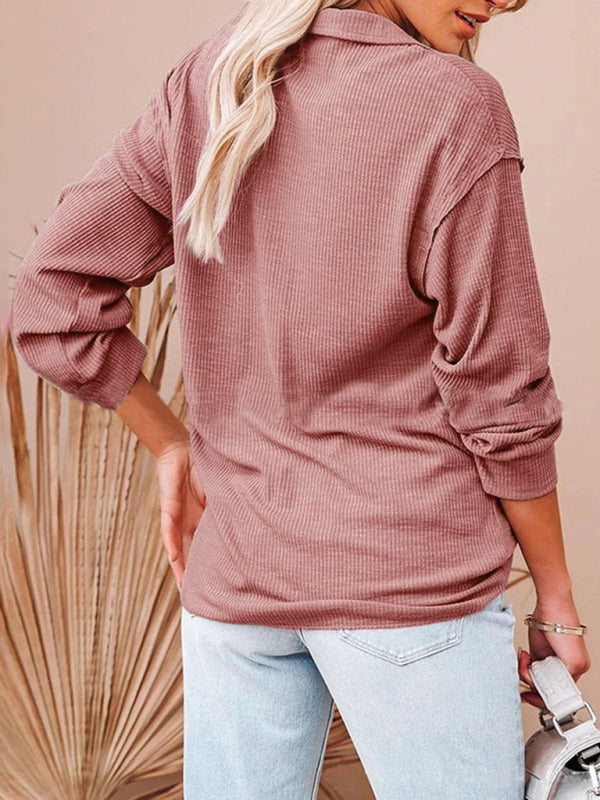 Women's Solid Color Zip Rib Long Sleeve Polo Top