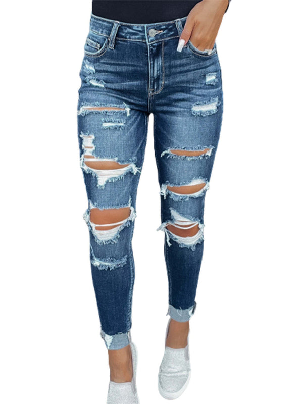 Women's Rip Distressed Lined With Plaid Print Curvy Fit Skinny Jeans