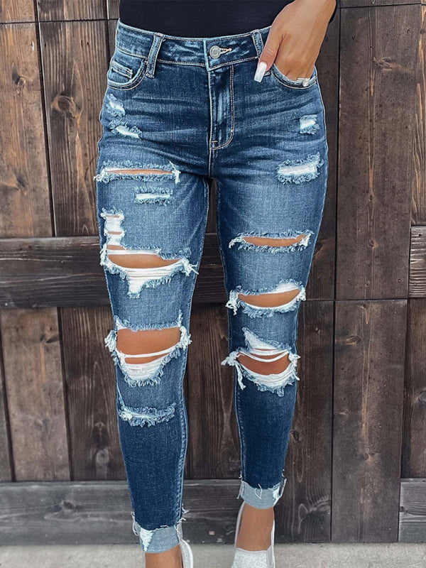 Women's Rip Distressed Lined With Plaid Print Curvy Fit Skinny Jeans
