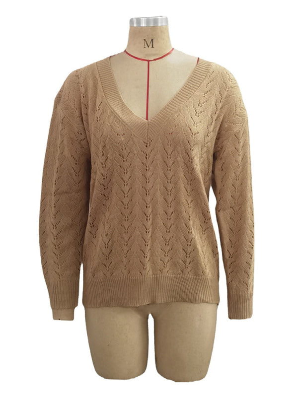 Women's Solid Color Open Stitch Long Sleeve Sweater
