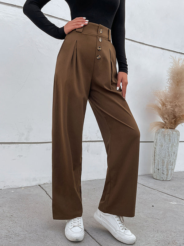 Women's Solid Color High Waist Button Fly Wide Leg Trousers