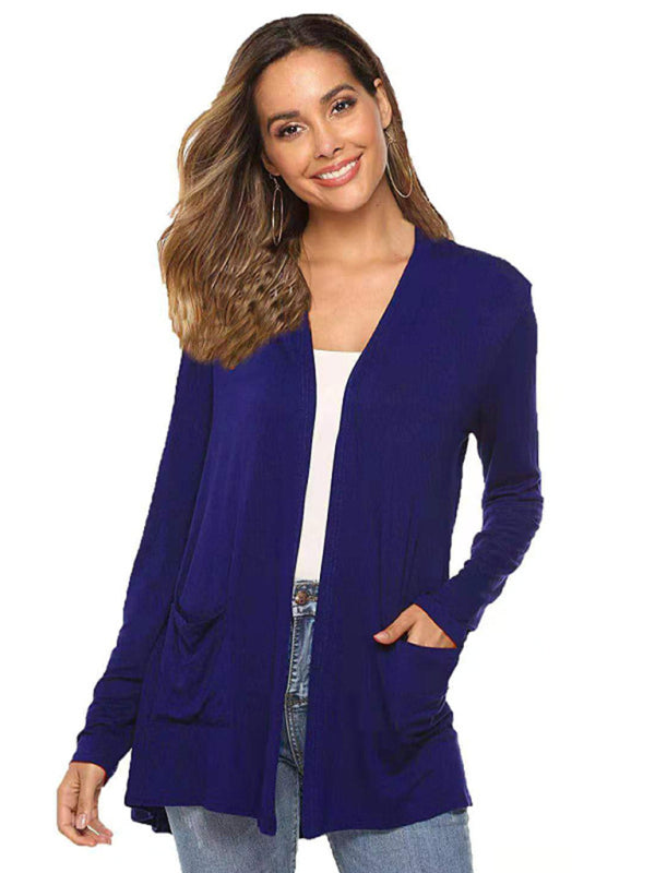 Women's Solid Color Open Front Two Pocket Cardigan