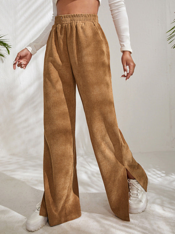 Women's Solid Color Elastic Waistband Corduroy Wide Leg Slit Trousers