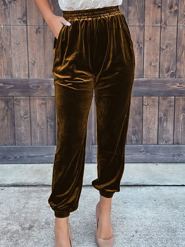 Women's Solid Color Elastic Waistband Velvet Pants