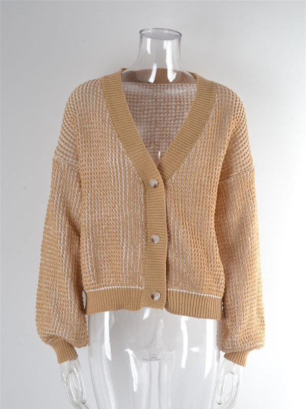 Women's Waffle Knit Cardigan With Puff Sleeves