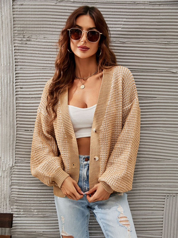 Women's Waffle Knit Cardigan With Puff Sleeves