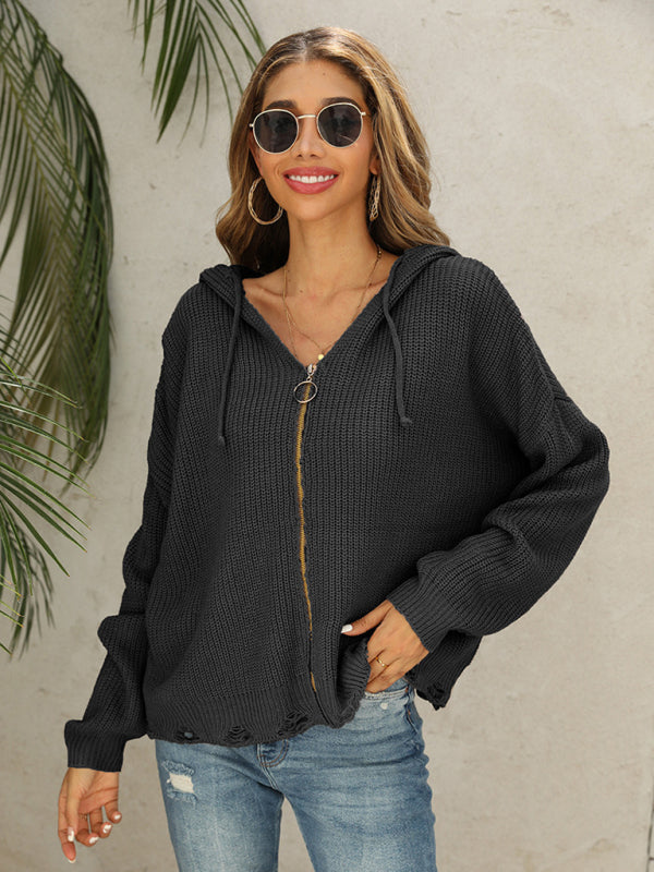 New Hooded Hole Cardigan Knitted Jacket Sweater