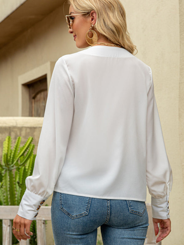 Ladies Long Sleeve Deep V Button Chiffon Shirt